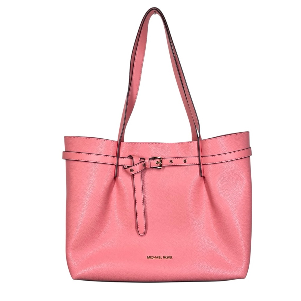 Michael Kors Emilia Large Pebbled Leather Tote Bag Grapefruit Pink Buckle Accent